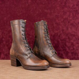 Frye Women Jean Lace-up Distress Brown Leather Zip Heel Round Boots sz 10